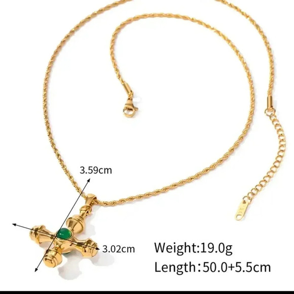 Green Onyx 18KGold Plated Stainless Steel Waterproof  Stone Cross Necklace - Picture 9 of 16